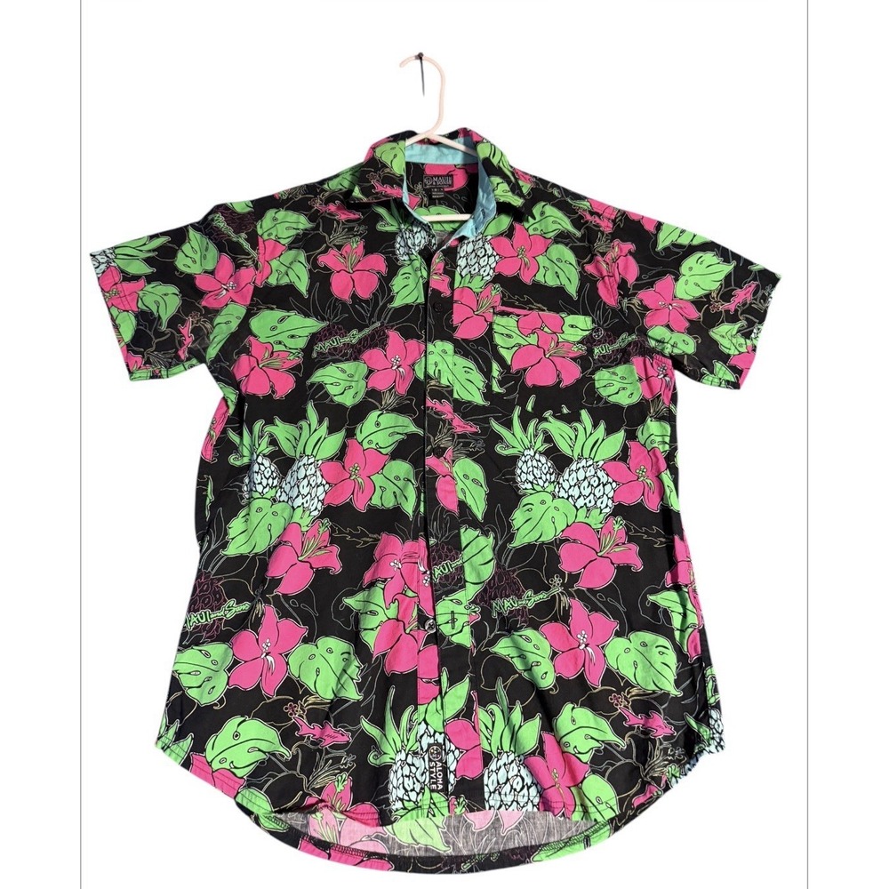 Maui & Sons Hawaiian Shirt Mens M Aloha Floral Pineapple Black Pink Gree